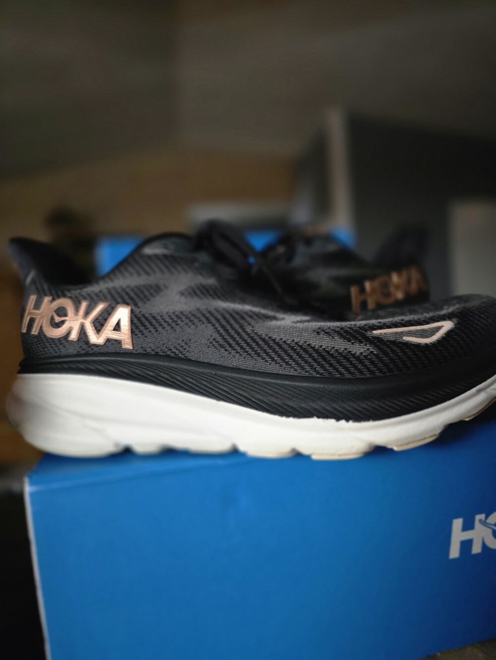 HOKA Clifton 9 Black/Rose Gold Running Shoes.  Great Condition With Box. Sz 8.5